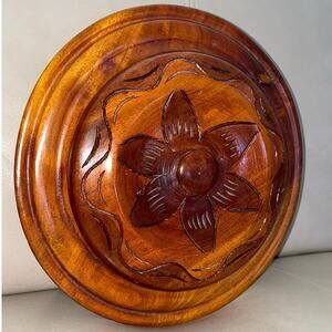 Vintage Hand-Carved Floral Wood Bowl w/ Lid 8.5" Boho Trinket/Nut Candy Dish MCM